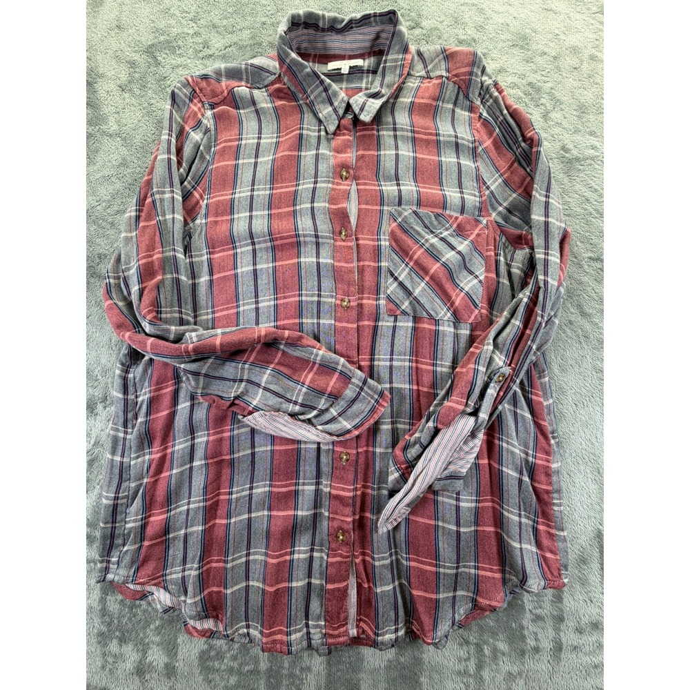 Lucky Brand Womens Red Blue Plaid Roll Tab Sleeve Button Down Shirt Large